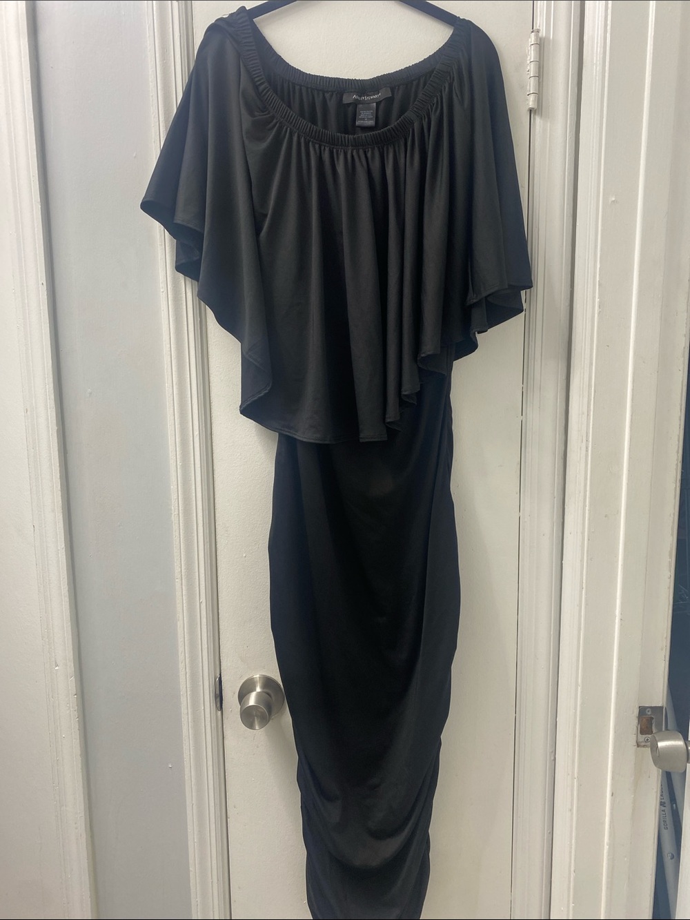 Ashley Stewart Black Off-Shoulder Ruched Cascade Maxi Dress